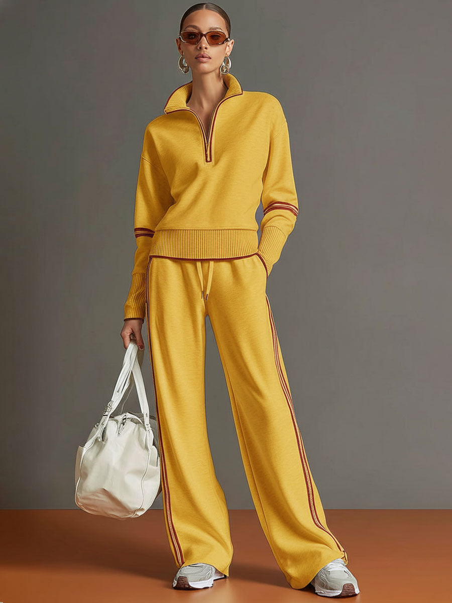 Woman wearing wide leg pants and blouse two-piece set