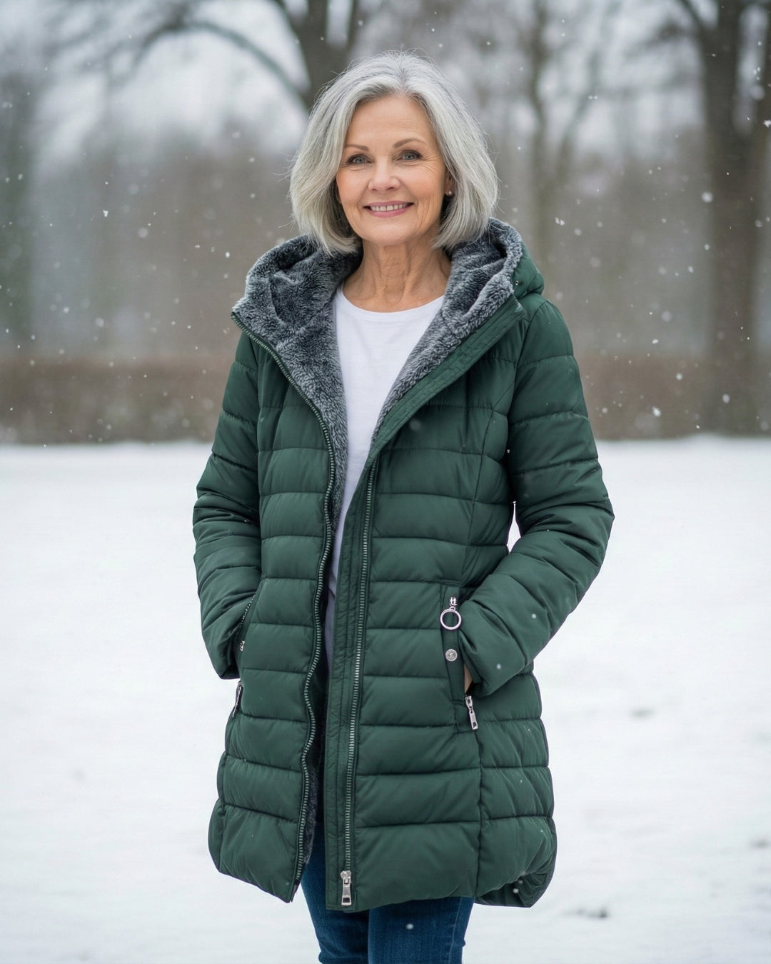 Woman wearing fleece-lined A-line puffer coat
