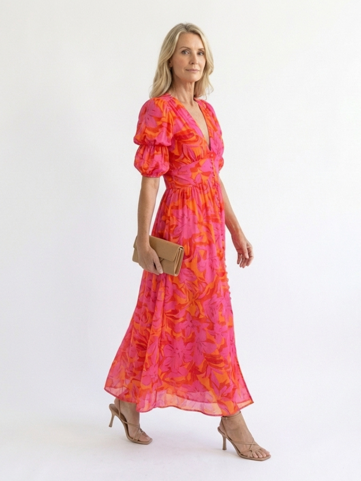 Willow | Floral V Neck Puff Sleeve Midi Dress