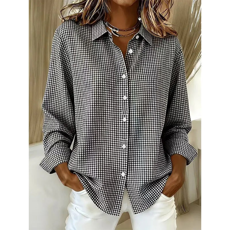 Woman wearing gingham button-front blouse with long sleeves