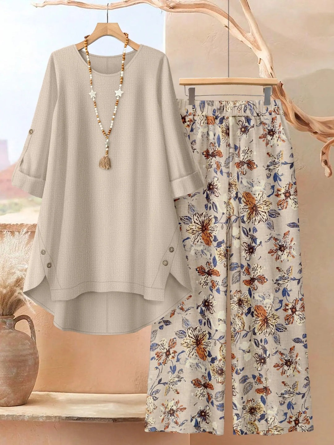 Leaf print two piece set with wide leg pants