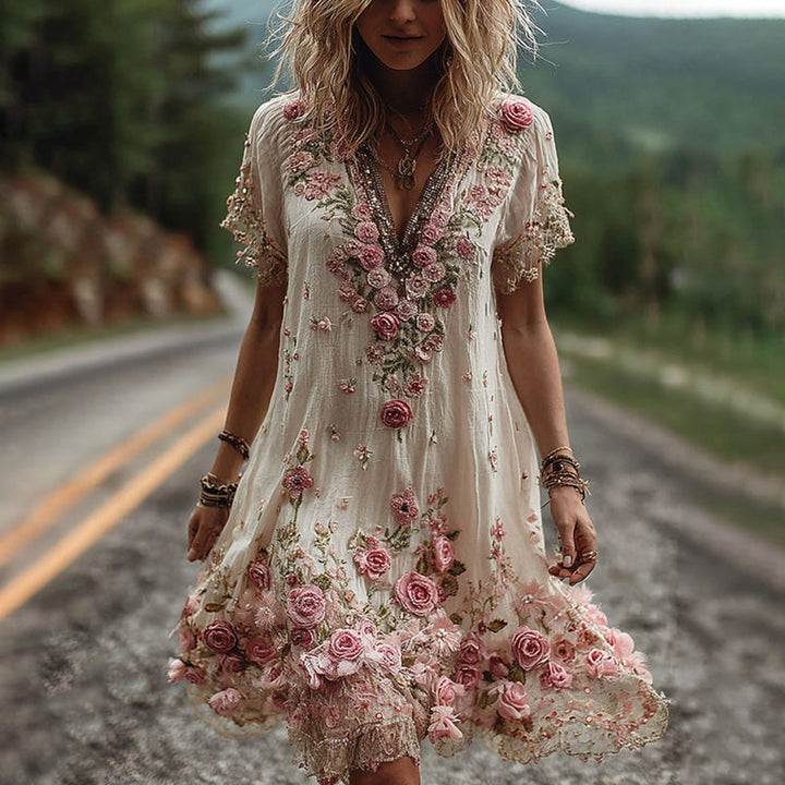 Blossom Embroidered V-Neck Dress | Elegant Floral Design | Perfect for Special Occasions | Soft Cotton Blend