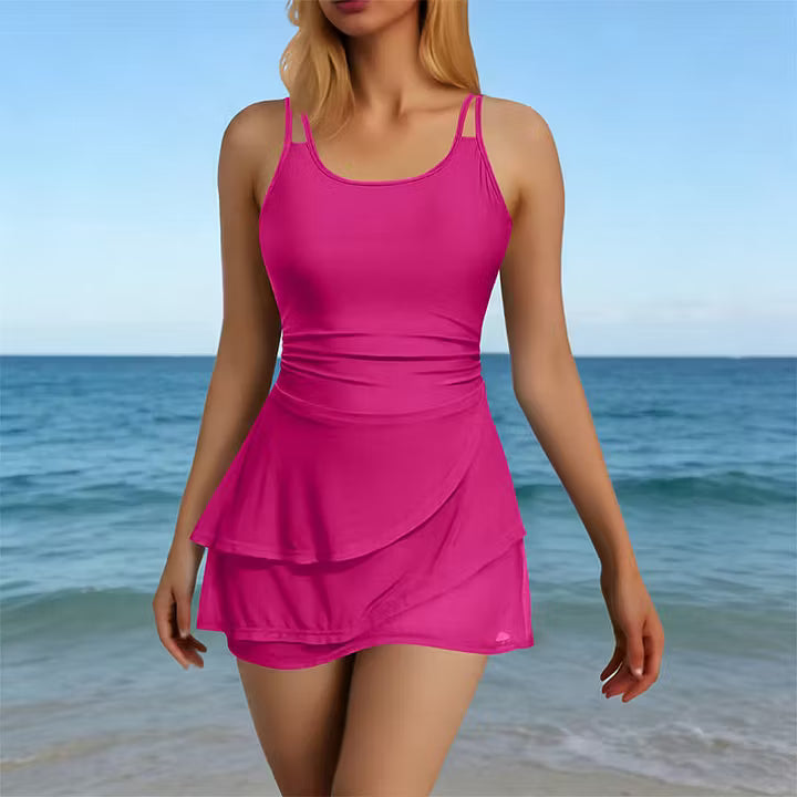 Woman wearing sculpting two-strap swimsuit at the pool