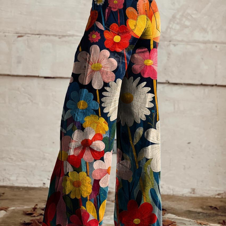 Women's High-Waisted Pants with Floral Pattern | Wide Leg