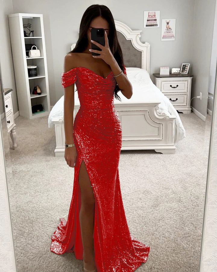 Woman wearing sequin off-shoulder split party dress