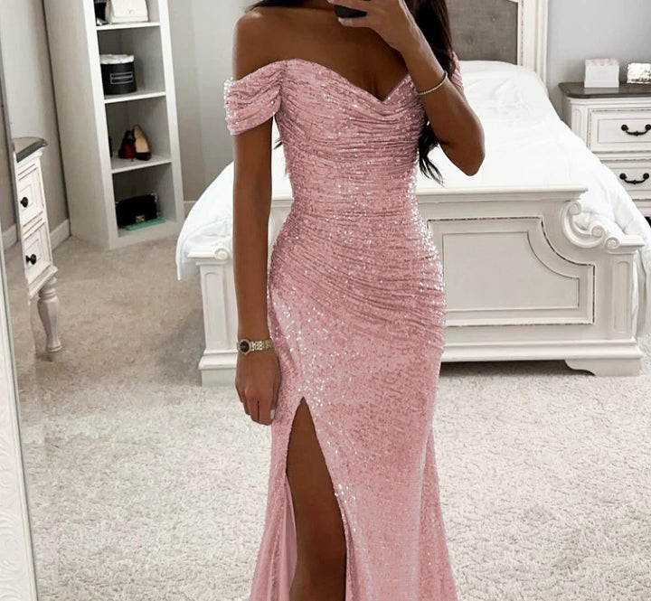 Woman wearing sequin off-shoulder split party dress