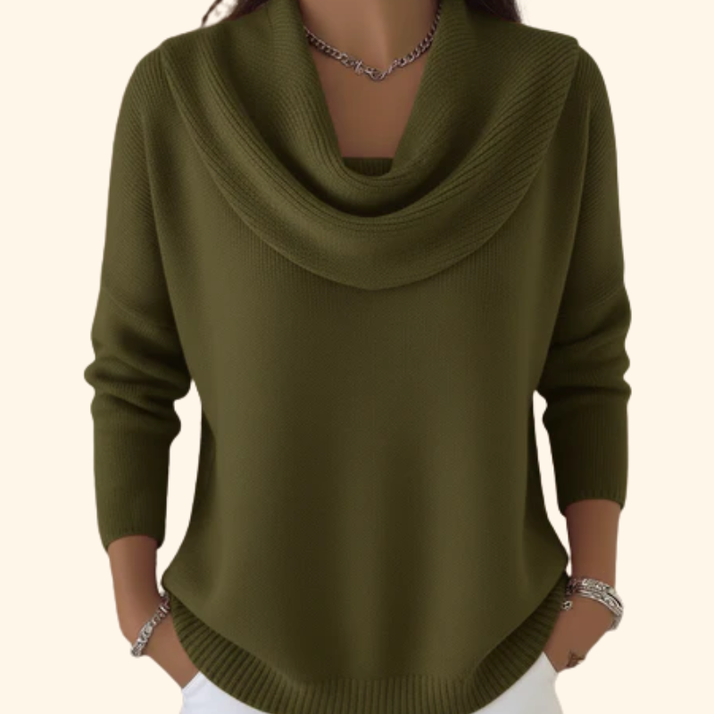 Woman wearing cowl neck knit sweater with long sleeves