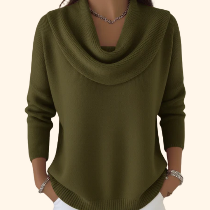 Woman wearing cowl neck knit sweater with long sleeves