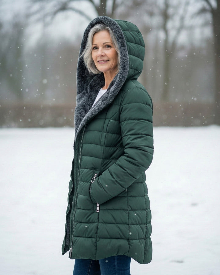 Woman wearing fleece-lined A-line puffer coat
