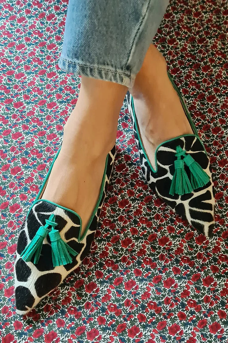 Pointed Loafer | Giraffe Print Design | Unique Green Fringes | Chic Footwear for Stylish Outfits