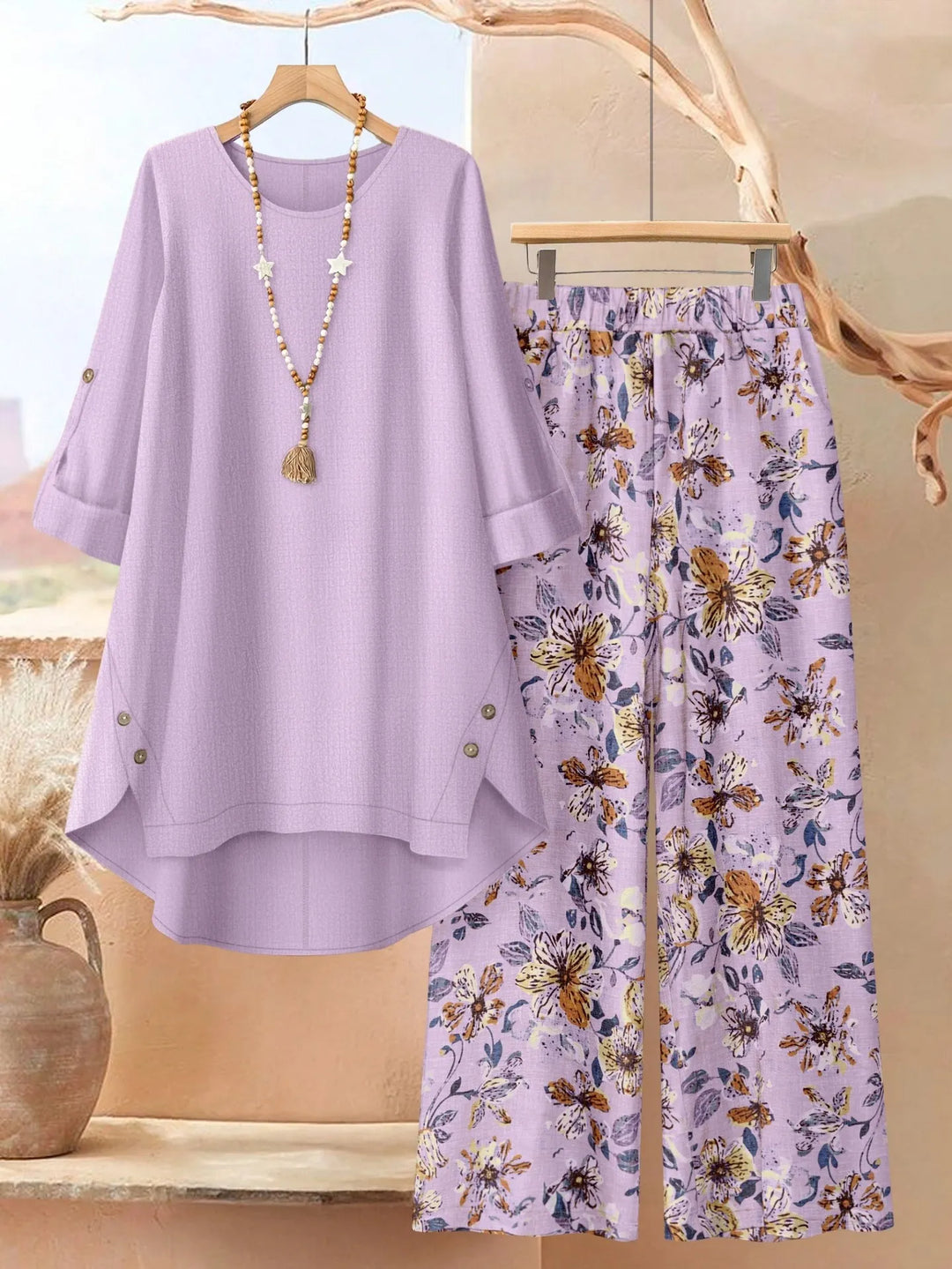 Leaf print two piece set with wide leg pants