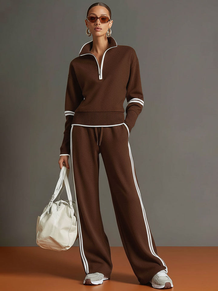 Woman wearing wide leg pants and blouse two-piece set