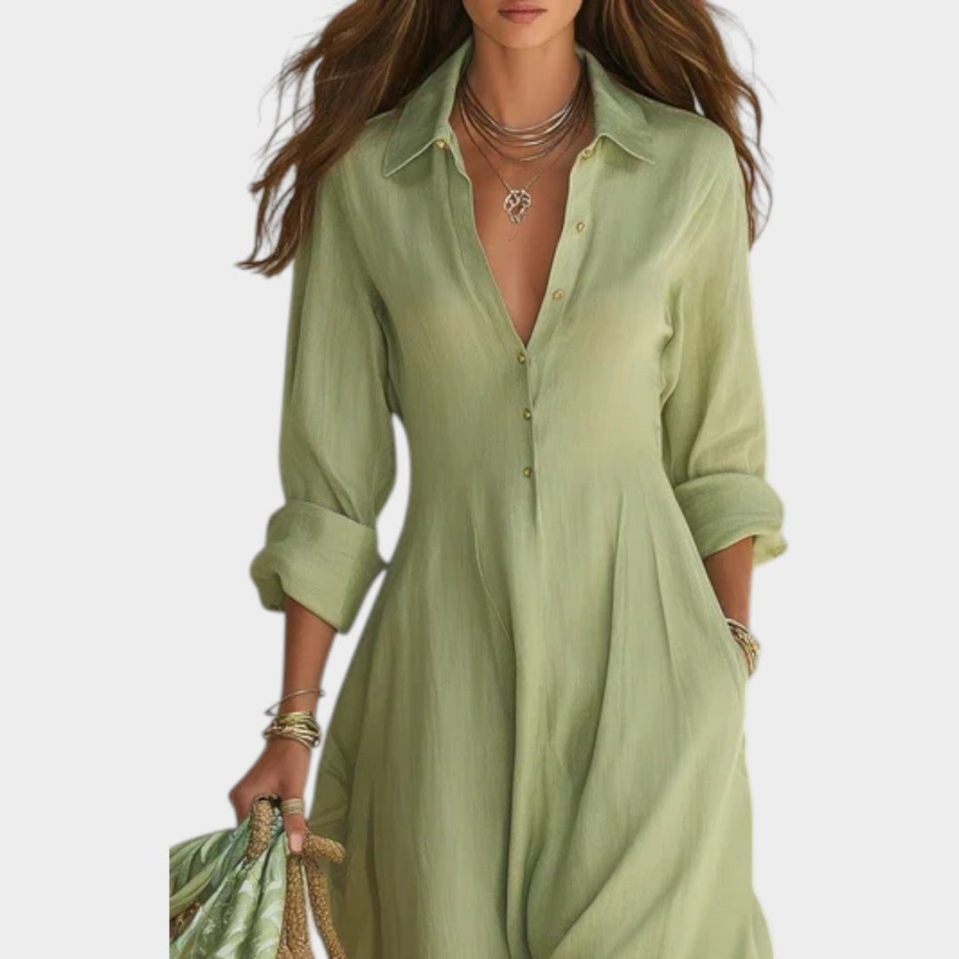 Woman wearing button front maxi dress outdoors