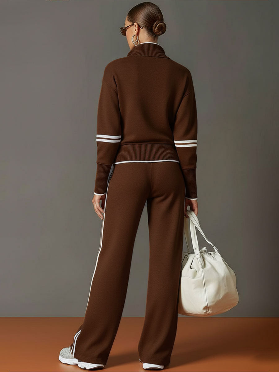 Woman wearing wide leg pants and blouse two-piece set