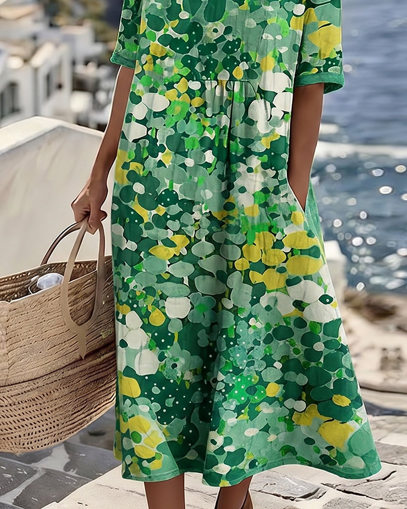 Woman wearing abstract floral print midi dress outdoors