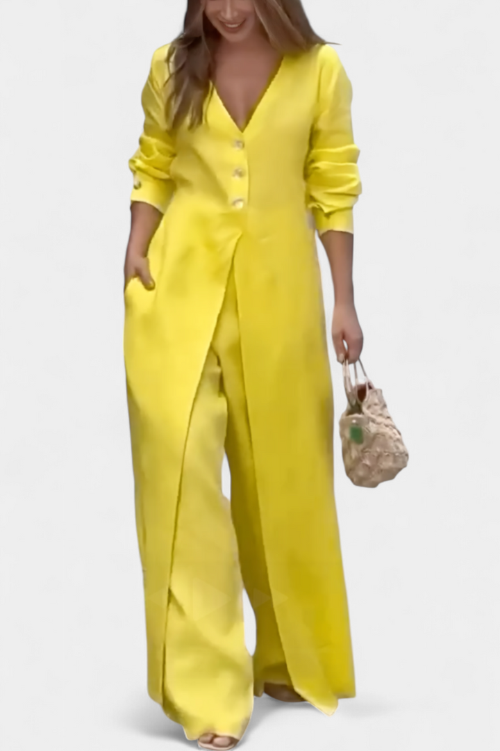V-Neck Jumpsuit | Elegant Front Slit | Flattering Fit for Any Occasion | Soft, Flowing Fabric