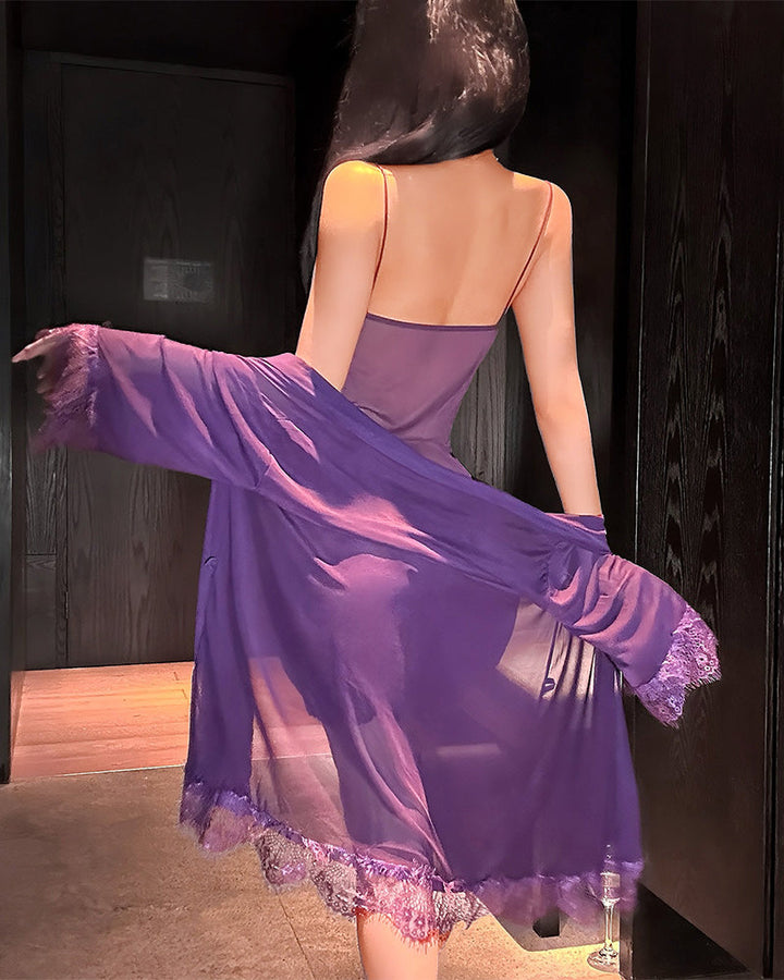Woman wearing lace nightwear set with long sleeves