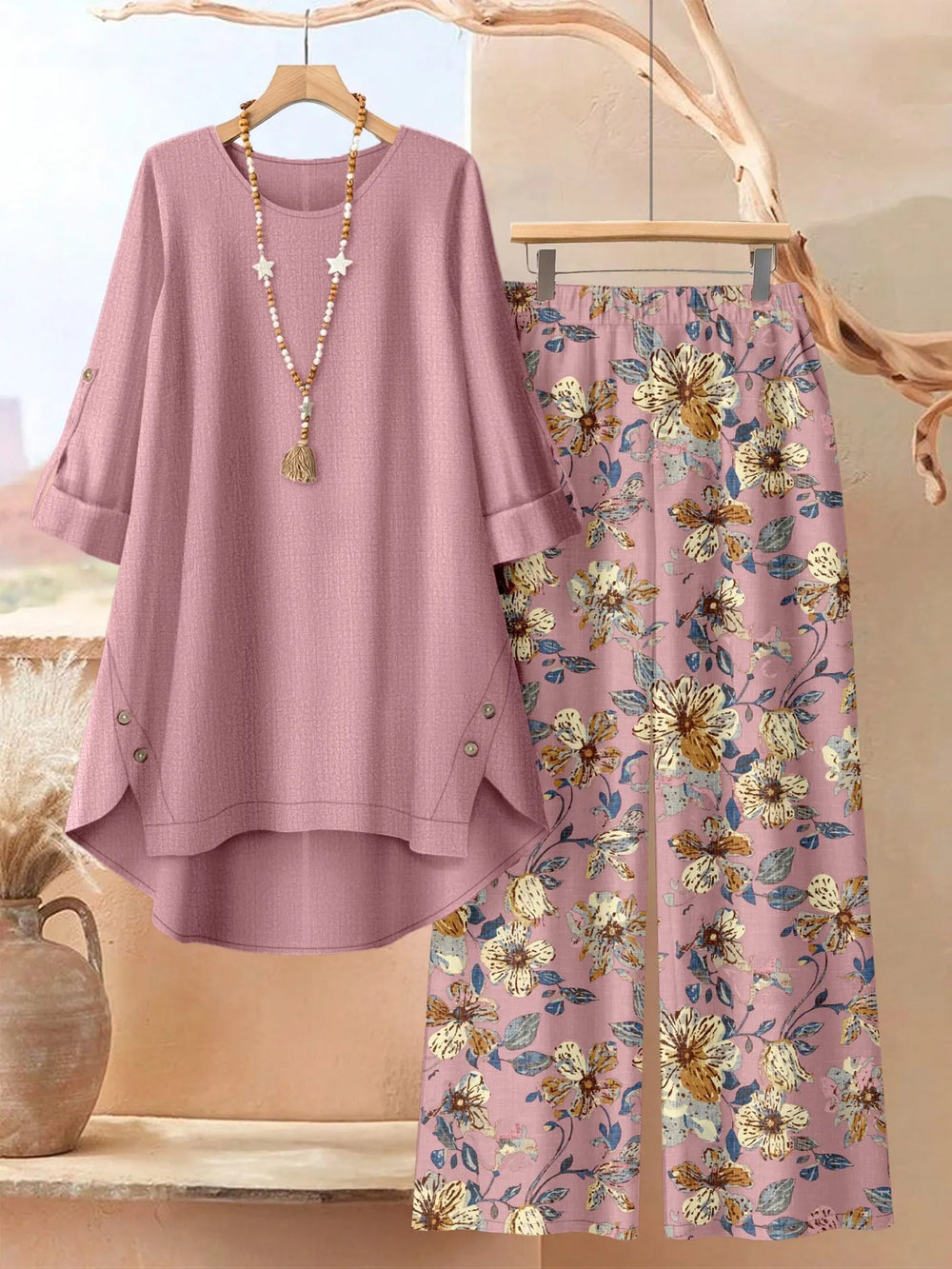 Leaf print two piece set with wide leg pants