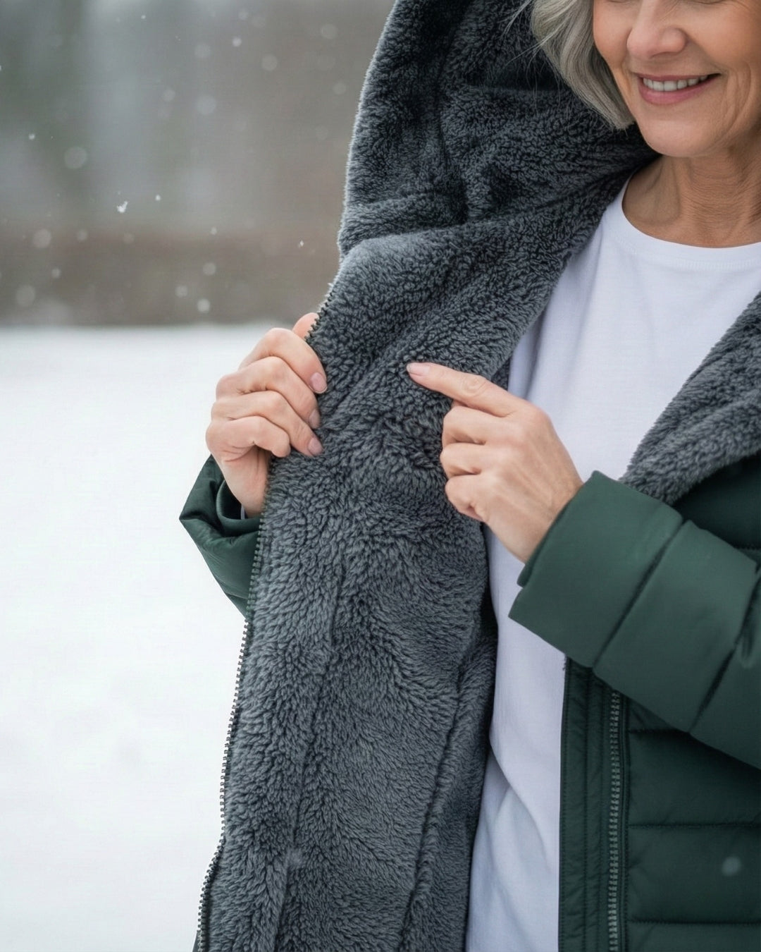 Woman wearing fleece-lined A-line puffer coat