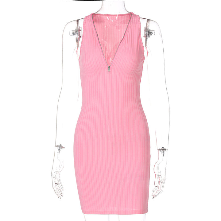Woman wearing sleeveless striped knit mini dress