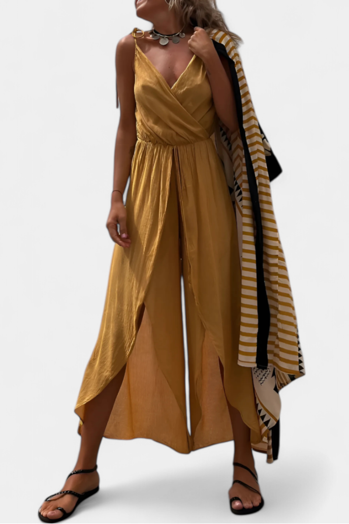 Washed Cotton Jumpsuit | Crisscross Neckline | Open-Leg Design | Comfortable and Versatile Fashion Piece
