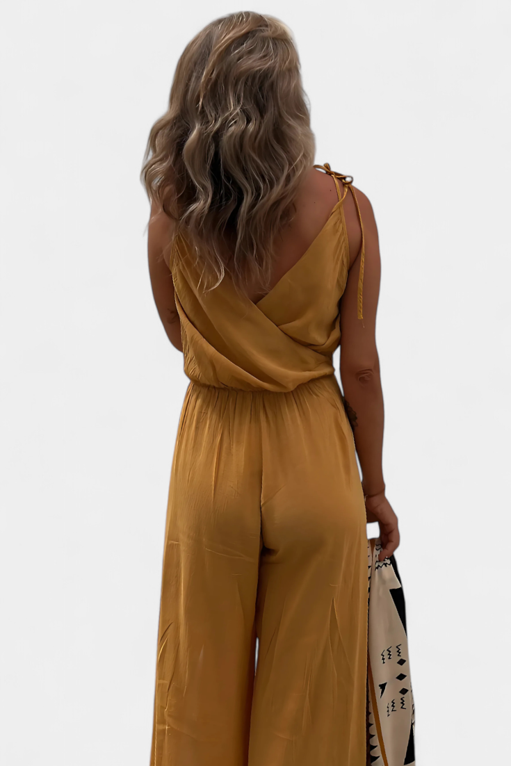 Washed Cotton Jumpsuit | Crisscross Neckline | Open-Leg Design | Comfortable and Versatile Fashion Piece