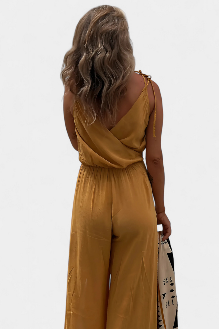 Washed Cotton Jumpsuit | Crisscross Neckline | Open-Leg Design | Comfortable and Versatile Fashion Piece