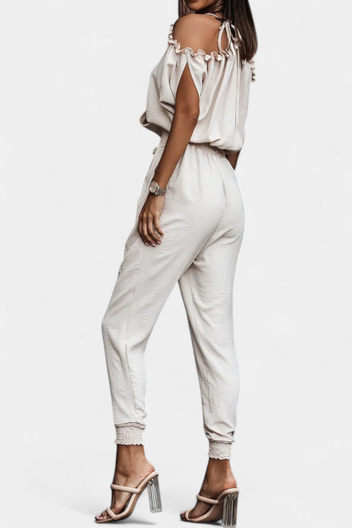 Off-Shoulder Jumpsuit | Crossed V-Neck Design | Chic Knotted Detail | Perfect for Parties and Events