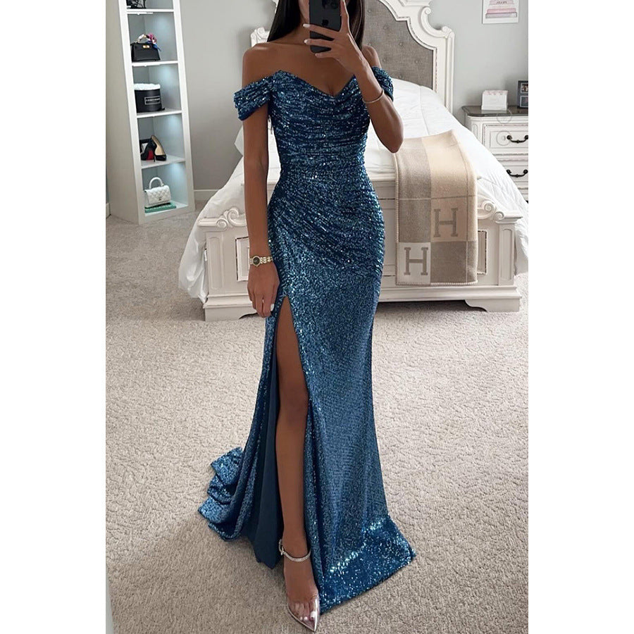 Woman wearing sequin off-shoulder split party dress