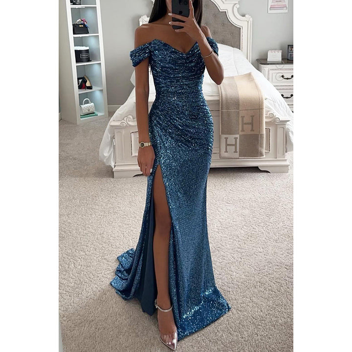 Woman wearing sequin off-shoulder split party dress