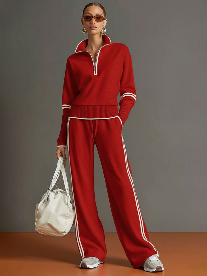 Woman wearing wide leg pants and blouse two-piece set
