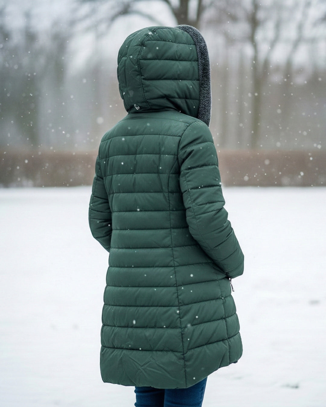 Woman wearing fleece-lined A-line puffer coat