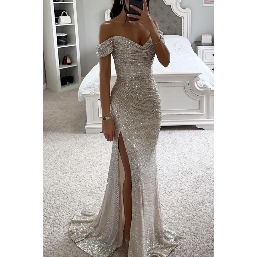 Woman wearing sequin off-shoulder split party dress