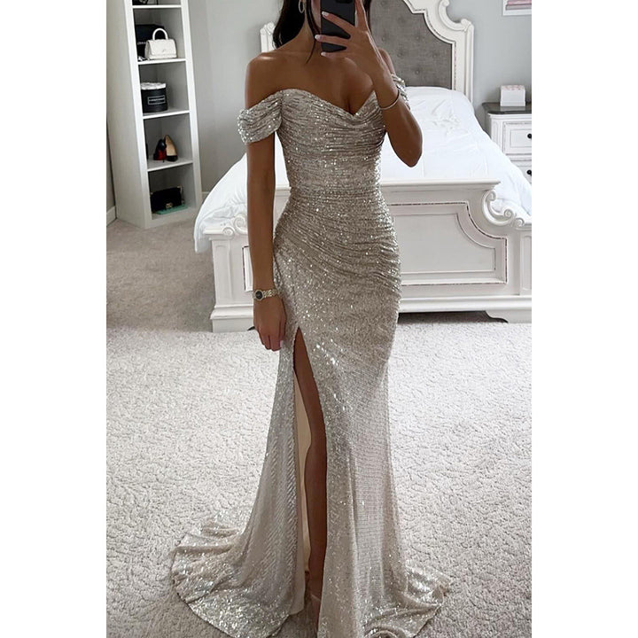 Woman wearing sequin off-shoulder split party dress