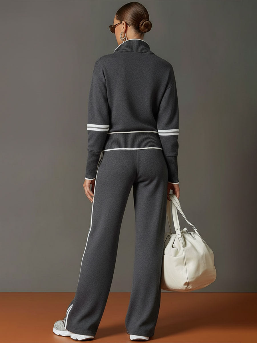 Woman wearing wide leg pants and blouse two-piece set