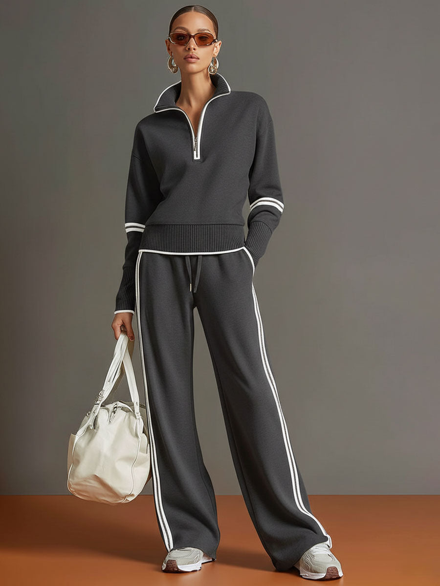 Woman wearing wide leg pants and blouse two-piece set