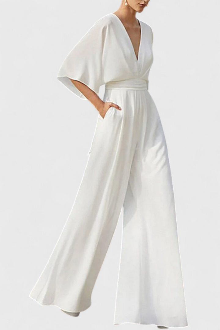 Chic Jumpsuit | Cape Sleeves | Elegant V-Neck Design | Perfect for Special Occasions