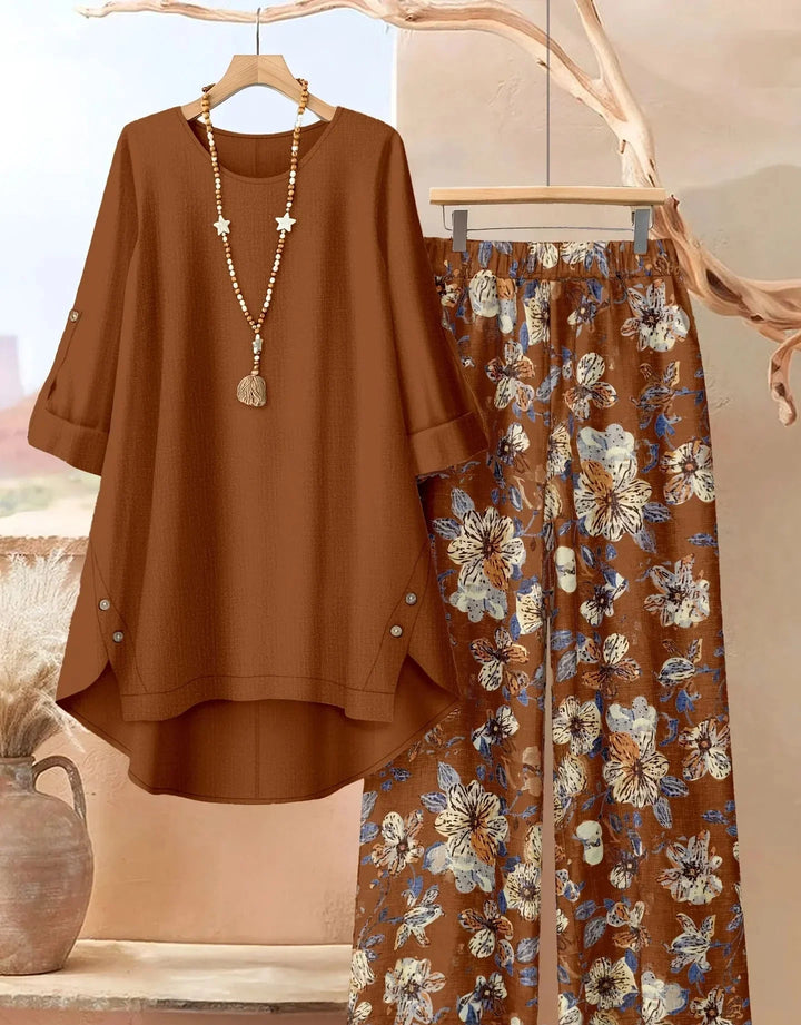 Leaf print two piece set with wide leg pants