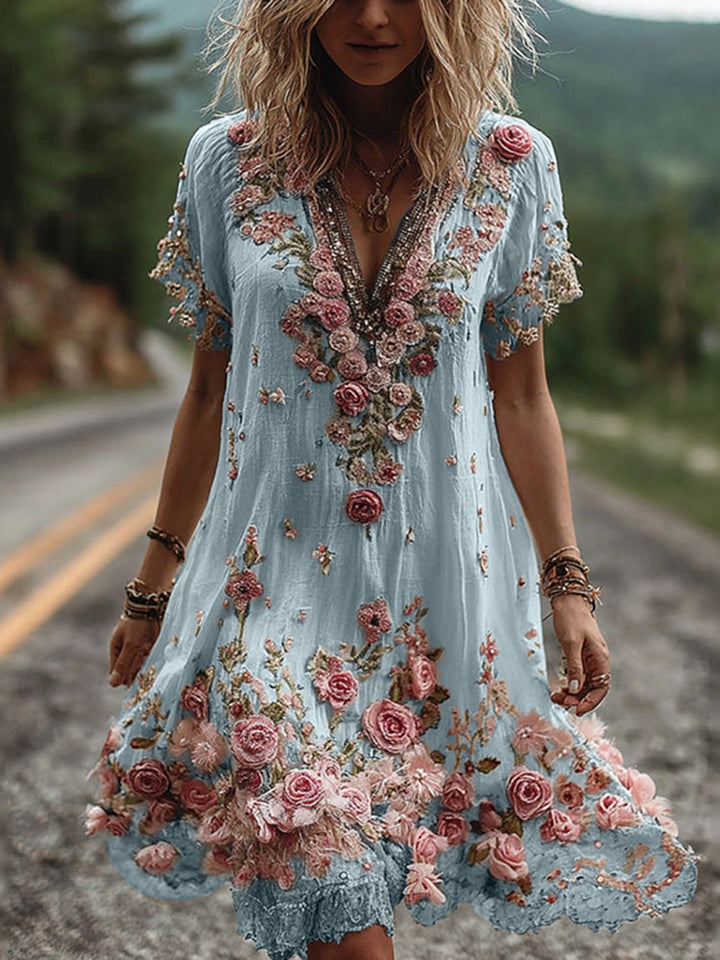 Blossom Embroidered V-Neck Dress | Elegant Floral Design | Perfect for Special Occasions | Soft Cotton Blend