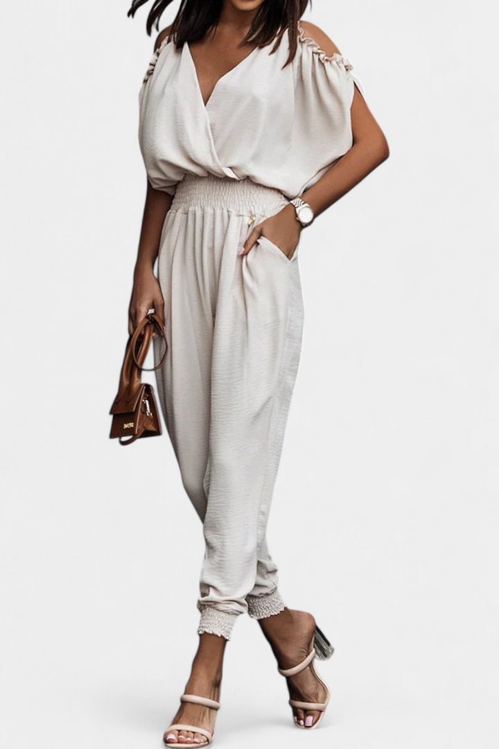Off-Shoulder Jumpsuit | Crossed V-Neck Design | Chic Knotted Detail | Perfect for Parties and Events