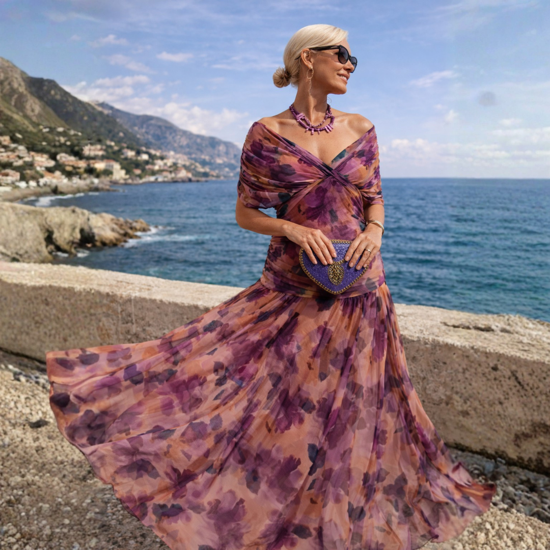 Woman wearing draped V-neck maxi dress