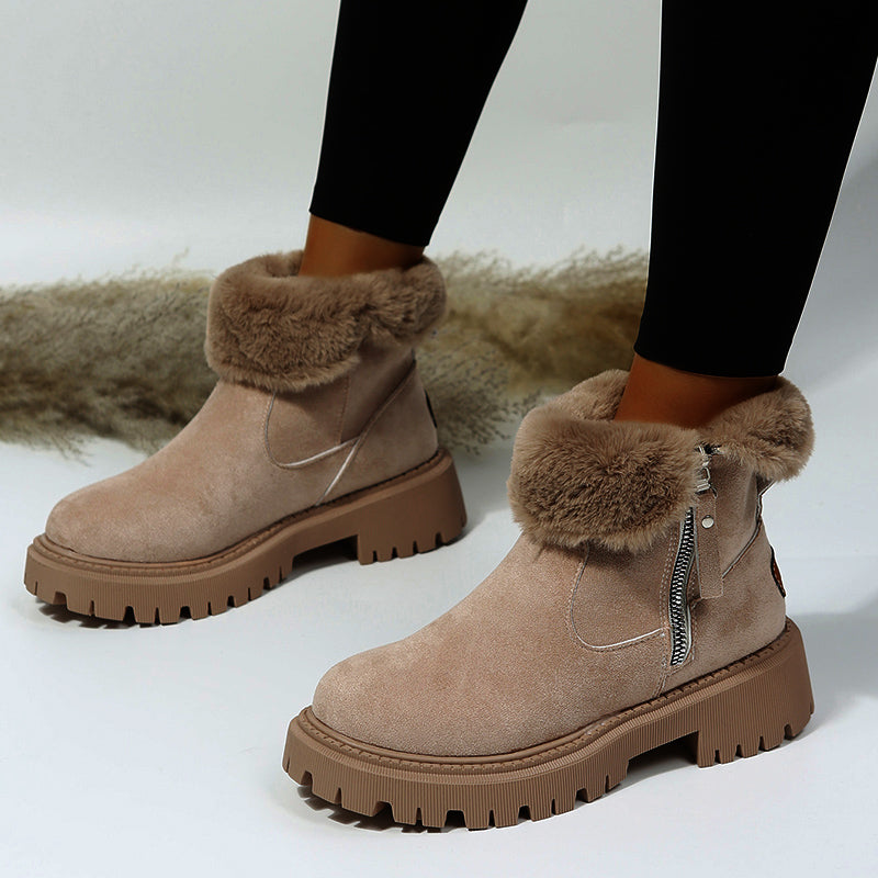 Women's black plush snow boots with side zipper