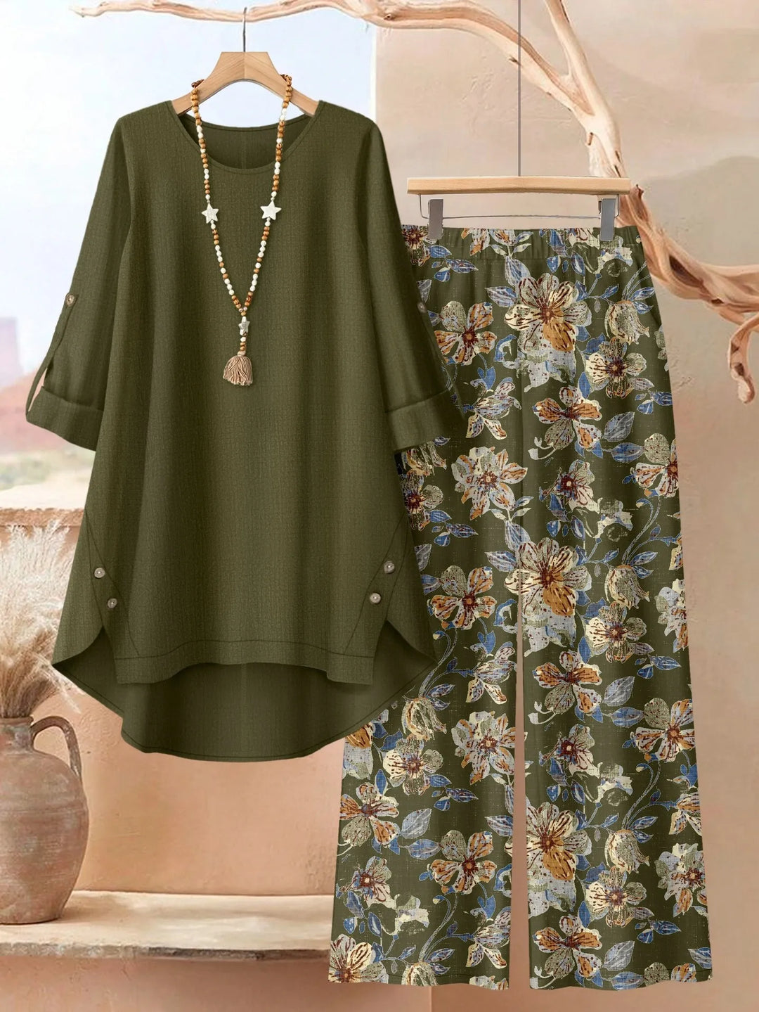 Leaf print two piece set with wide leg pants