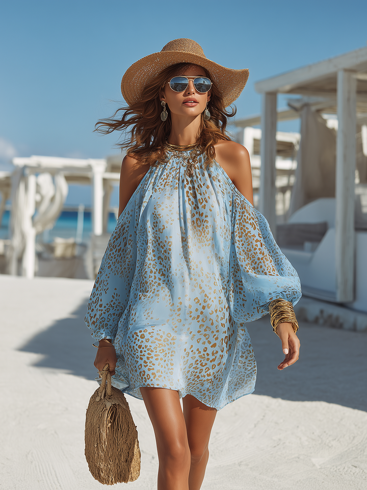 Blue off-shoulder leopard print long sleeve mini dress