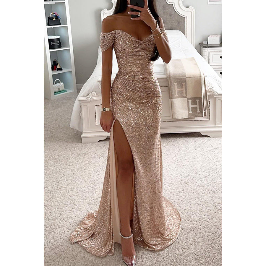 Woman wearing sequin off-shoulder split party dress