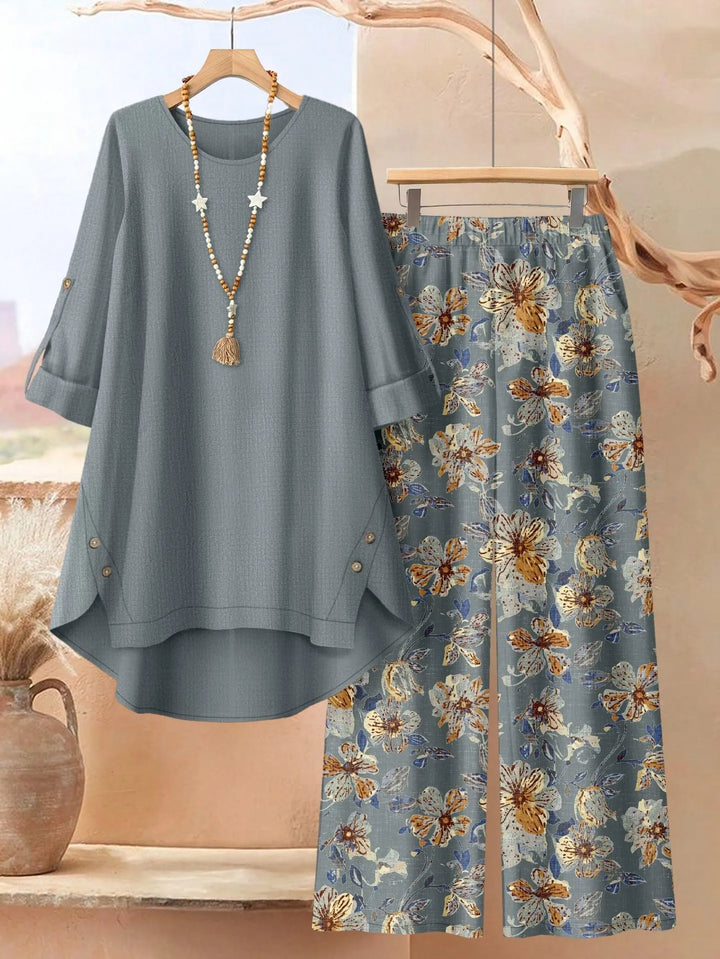 Leaf print two piece set with wide leg pants