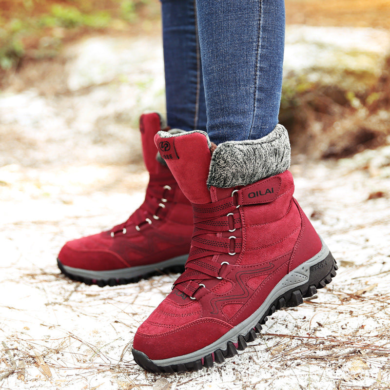 Woman wearing black lace-up winter ankle boots