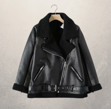 Woman wearing women's motorcycle jacket with polo collar