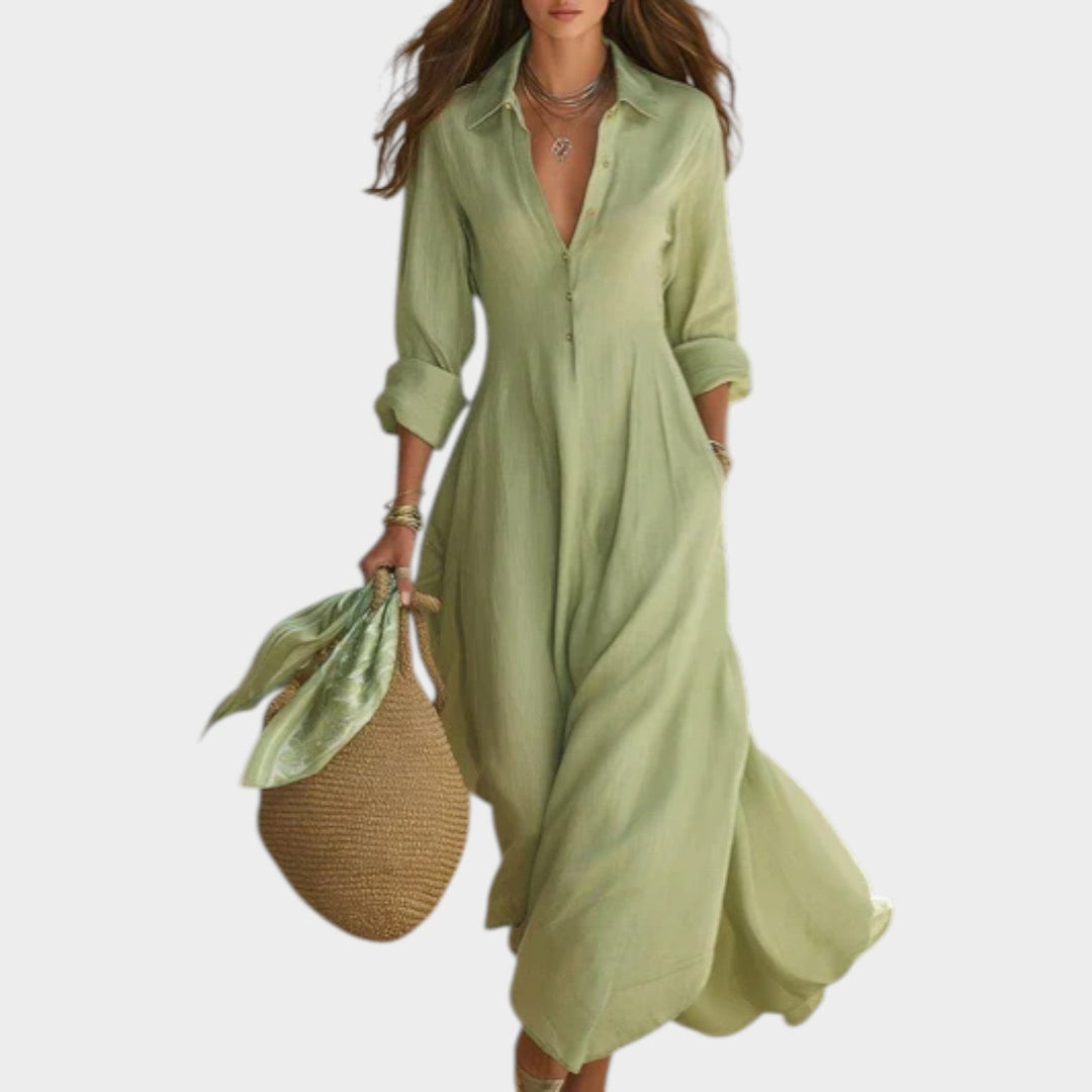 Woman wearing button front maxi dress outdoors