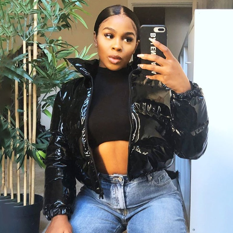 Women's black faux leather puffer jacket with standing collar